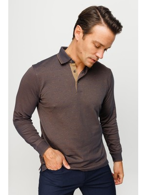 Desen Triko Erkek Polo Yaka Desenli Uzun Kollu Sweatshirt Kahve