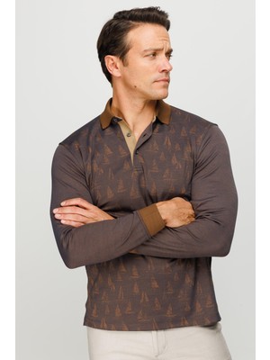 Desen Triko Erkek Polo Yaka Yelken Desenli Sweatshirt Kahve