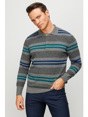 Desen Triko Erkek Polo Yaka Renkli Çizgili Kalın Yün Kazak
