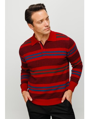 Desen Triko Erkek Polo Yaka Renkli Çizgili Kalın Yün Kazak