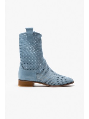 Nişantaşı Shoes Willa Bebe Mavi Süet Lazer Kesim Sivri Burun Kadın Yazlık Kısa Topuklu Çizme