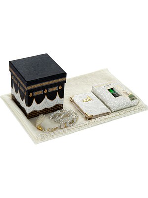 İhvan Kabe Desenli Özel Kutulu Mevlüt Hediye Seti - Fistolu Örtü - Ravza Kokusu - Inci Tesbih - Kadife Yasin Krem