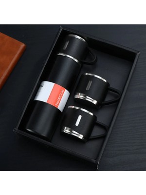 Khalıce Kurumsal Iş Hediyelik Paslanmaz Çelik 3 Bardak Setinden Oluşan Çift Yalıtımlı Vakumlu Termos Hediye Kutulu Siyah Renk