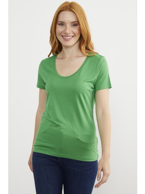 Sementa Açık Yaka Dökümlü Penye Tişört - Yeşil