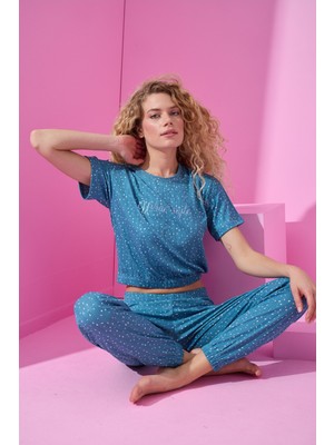 Farya Home Dreamy Urban Style Puantiyeli Kısa Kollu Beli Lastikli Pijama Takımı