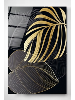 Hinora Altın Yapraklar Serisi 2 Cam Tablo, Dekoratif Cam Tablo, Modern Cam Tablo