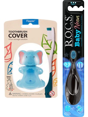R.O.C.S. Baby Neon 0-3 Yaş Diş Fırçası Mavi ve Flipper Hijyenik Saklama Kabı Seti -Fil