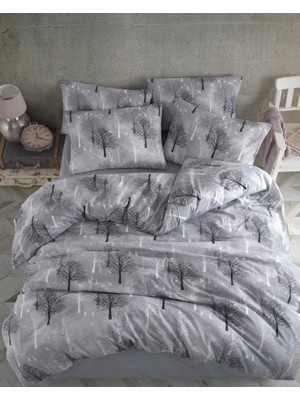 Snr Home Collection Gri - Siyah Ağaçlı Çift Kişilik Nevresim Takımı (Lastikli Çarşaflı)