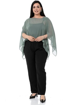 Disentis Modest Büyük Beden Asimetrik Kesim Şifon Su Yeşili Pelerin Bolero