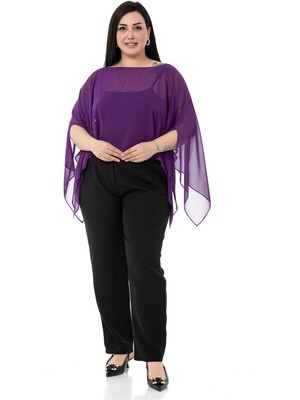 Disentis Modest Büyük Beden Asimetrik Kesim Şifon Mor Pelerin Bolero