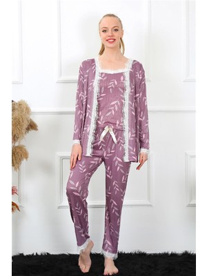 Moda Çizgi Kadın 3'lü Lila Sabahlık Pijama Takım 16103