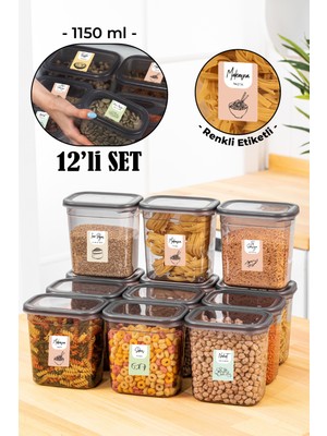 Vienev Renkli Etiketli Peggy Dikdörtgen Saklama Kabı Seti 1150 ml Antrasit 12'li