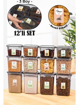 Vienev 12li Renkli Etiketli Peggy Dikdörtgen Saklama Kabı Seti 4x(1500+1150+800 ml) Antrasit