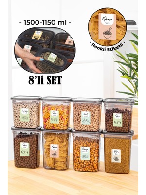 Vienev 8li Renkli Etiketli Peggy Dikdörtgen Saklama Kabı Seti 4x(1500+1150 ml) Antrasit