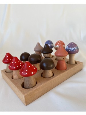 Tiny Wood Ahşap Oyuncak Mantar Toplama Montessori Oyuncak 12 Parça, Sevimli Mantarlar