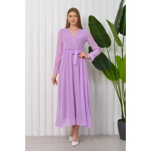 Neşeli Butik Kadın Bağlama Detaylı Uzun Şifon Elbise KTS003 - Lila