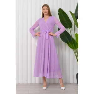 Neşeli Butik Kadın Kuşaklı Uzun Şifon Elbise NB003 - Lila