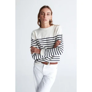 Styleboom x Peraluna Audrey Pullover Omzu Düğmeli Çizgili Organik Pamuk Mevsimlik Kadın Triko Kazak ekru/lacivert