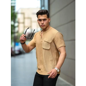 V Yaka Cep Detaylı Gömlek - Bej