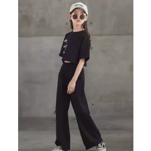 Kids Face Özel Tasarım Motto Baskılı Ispanyol Paça Kısa Kollu Yazlık %100 Pamuk Crop Kız Çocuk Eşofman Takımı