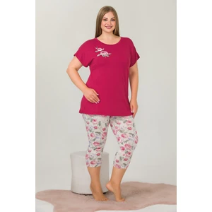 Bordo Renk ve Çiçek Desenli Lady 10641 Battal Büyük Beden Kapri Pijama Takımı