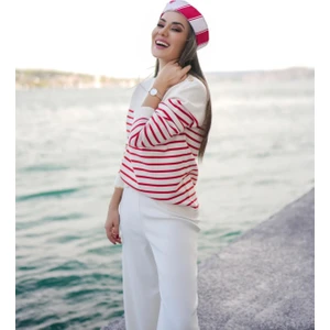 Styleboom x Peraluna Audrey Pullover Omzu Düğmeli Çizgili Organik Pamuk Kadın Triko Kazak