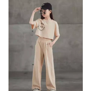 Kids Face Özel Tasarım Ispanyol Paça %100 Pamuk Kısa Kollu Yazlık Kız Çocuk Crop Eşofman Takımı