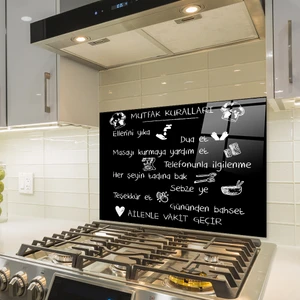 Cam Ocak Arkası Koruyucu | Mutfak Kuralları | Siyah Fon | 49,5cm X 76cm