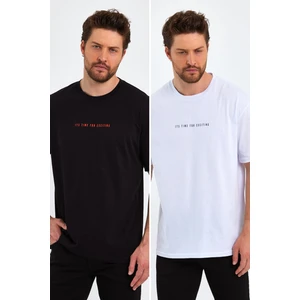 Erkek Baskılı Basic Oversize Bisiklet Yaka 2'li Pamuklu T-Shirt