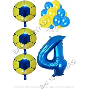 Bal10 Dünyası Sarı Lacivert Futbol Topu Folyo ve Latex Balon Rakam Seti Yaş 4