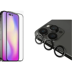 Psgt iPhone 14 Pro Uyumlu Tam Kapatan Tamperli Cam ve Derin Mor Kamera Lens Koruyucu Set