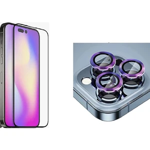 Psgt iPhone 14 Promax Uyumlu Tam Kapatan Tamperli Cam ve Derin Mor Kamera Lens Koruyucu Set
