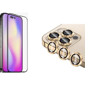 Psgt iPhone 14 Pro Uyumlu Tam Kapatan Tamperli Cam ve Gold Kamera Lens Koruyucu Set