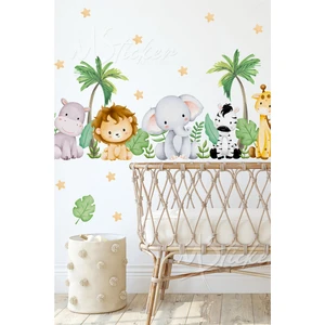 Safari Hayvanları ve Palmiye Ağaçları Çocuk Bebek Odası Duvar Cam Sticker Seti