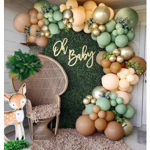 Meri Parti 60 Adet Küf Yeşili Karamel Ten Gold Krom Konsept Balon ve Balon Zinciri