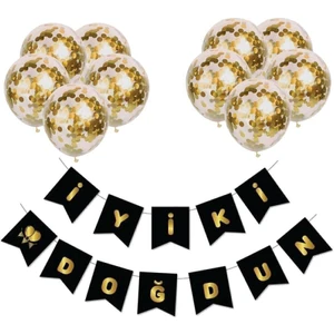 Meri Parti Iyi Ki Doğdun Siyaha Gold Varaklı Banner Yazı Konfetili Şeffaf Balon Seti