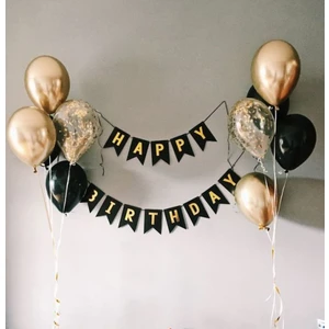 Meri Parti Happy Bırthday Banner ve Krom Gold Siyah Şeffaf Balon Set Doğum Günü Party