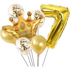 Meri Parti Doğum Günü 7 Yaş Altın Kral Kraliçe Taçlı Folyo Balon Seti Yaş 7 Yaş 76 cm Balon Set Helyum Uyumlu