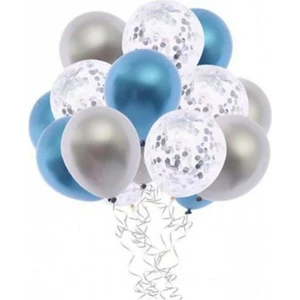 Meri Parti Gümüş Konfetili Gümüş Mavi Metalik Parlak Balon Seti 15 Adet