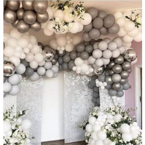 Meri Parti Pastel Gri Metalik Gri Pastel Beyaz 100 Adet Balon ve Balon Zincir