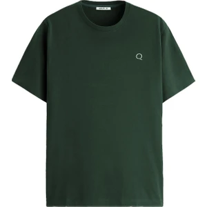 Haki Yeşil Oversize Tişört Erkek Basic Bisiklet Yaka | Düz Pamuklu Tshirt | Beyaz Nakişli Q Logo TRF6001