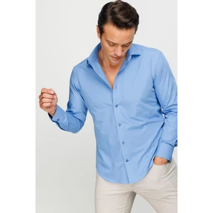 Desen Triko Erkek Klasik Yaka Düz Renk Pamuklu Regular Orta Kesim Gömlek Mavi