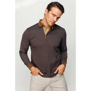 Desen Triko Erkek Polo Yaka Jakarlı Minik Desenli Sweatshirt Kahve