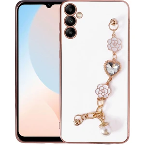 Case 4U Samsung Galaxy A54 Kılıf Çiçek Desenli Altın Işlemeli Askılı Tutamaçlı Kamera Korumalı Taka Kapak Beyaz