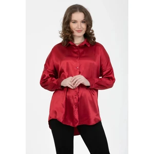 Kadın Bordo Oversize Dökümlü Saten Yüzeyli Gömlek HZL23S-BD139851