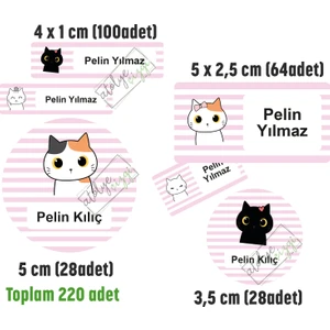 Atölye Çizgi Neşeli Kediler Okul Etiketi, Kalem Defter Etiketi Isme Özel