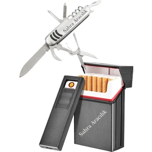 USB Şarjlı Elektronik Çakmak Taşınabilir Sigara Paketi Muhafaza Kutusu Kişiye Özel Inox 7 Li Çakı Set