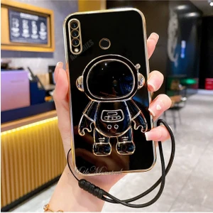 M.TK Moveteck Huawei P30 Lite Kılıf Astronot Standlı Sevimli Parlak Gold Altın Kenarlı Tam Korumalı Açılıp Kapanan Stand