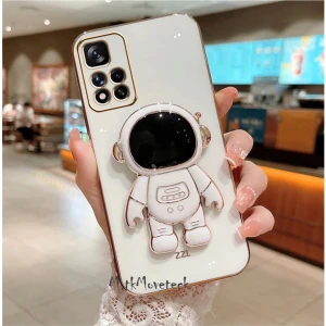 M.TK Moveteck Xiaomi Redmi 10 Astronot Kılıf Standlı Sevimli Parlak Gold Altın Kenarlı Tam Korumalı Açılıp Kapanan Stand