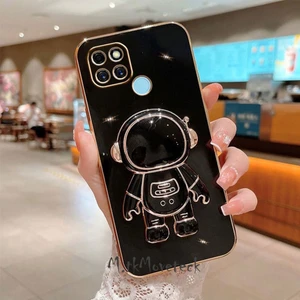 M.TK Moveteck Xiaomi Redmi 9c Astronot Kılıf Standlı Sevimli Parlak Gold Altın Kenarlı Tam Korumalı Açılıp Kapanan Stand